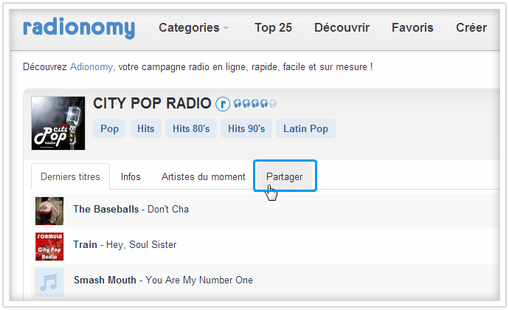 Cliquer sur "partager" sur radionomy