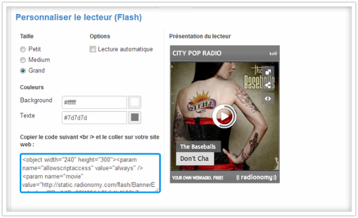 Choisir les options et copier le code sur radionomy
