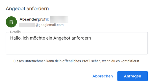 Screenshot einer Anfrage über den Button "Angebot anfordern" direkt in Google.