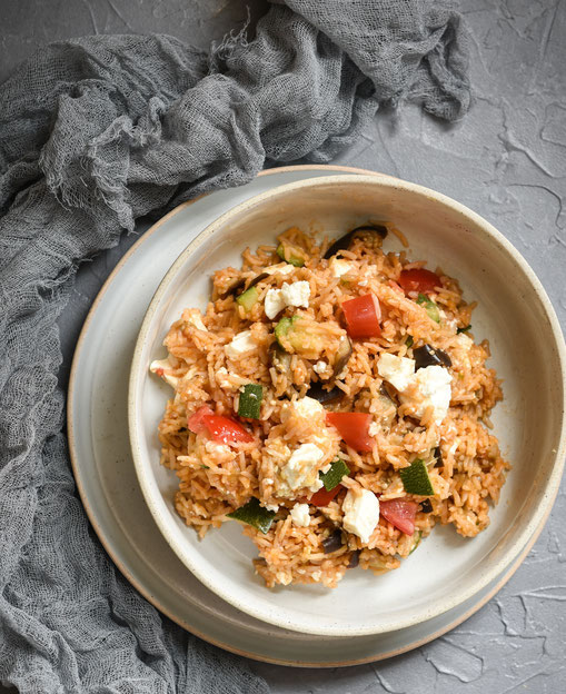 Zucchini Reis Topf mit Auberginen, Tomaten und Fetakäse, alternativ Tofu, ALL IN ONE Gericht für den Thermomix