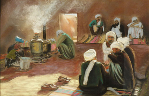 Afghanistan, Samawat ou maison du thé, pastel 49x32