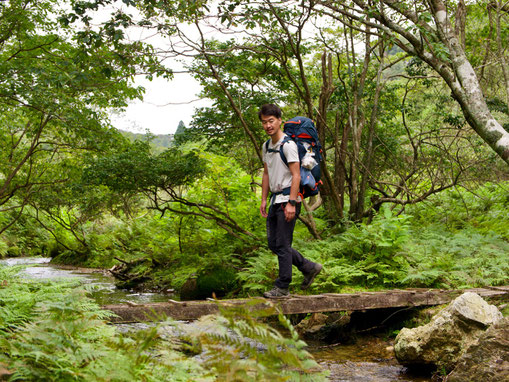 Crossing a stream on the Saba Kaido trail, aka the "Mackerel Road."