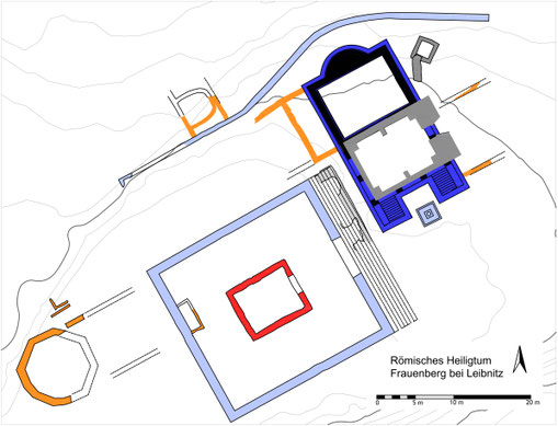 Abb. 3: Plan des obersten Plateaus am Frauenberg mit zwei römischen Kultbauten. Grafik: Bernhard Schrettle, ASIST.