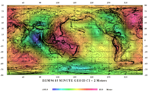 Figura 3.4 -Carta mondiale con le elevazioni del Geoide sull'Ellissoide