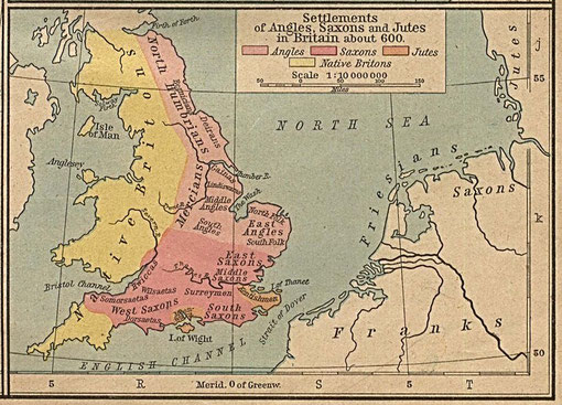 Settlements of Angles, Saxons and Jutes in Britain about 600 from William R Shepherd 1926 An Historical Atlas - Image in the public domain, courtesy of the University of Texas Libraries, University of Texas at Austin