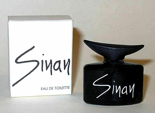 SINAN JM - EAU DE TOILETTE, RARE PETIT FLACON NOIR AVEC BOUCHON EN FORME DE CORNE, NOIR