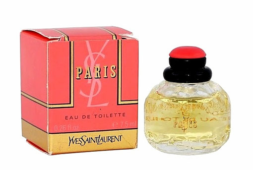 PARIS - EAU DE TOILETTE 7,5 ML - BOÎTE ROSE, MINIATURE AVEC BOUCHON PLASTIQUE NOIR ET ROSE