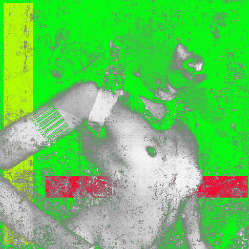 Abstraktes Mixed-Media-Kunstwerk STRICHCODE von Divo Santino auf Alu-Dibond. Weiblicher Akt in Steinstruktur vor neongrünem Hintergrund mit Barcode-Tattoo und rotem Zensurbalken.