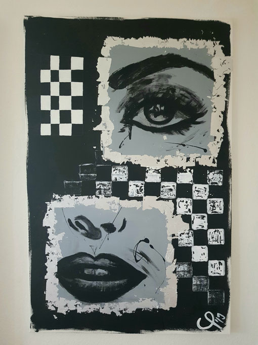 "Sehen"  CP´19 in 70x115x2cm, Acryl auf Leinwand mit echtem Blattsilber, Schwarz+Weiss+Karo (Preis auf Anfrage)