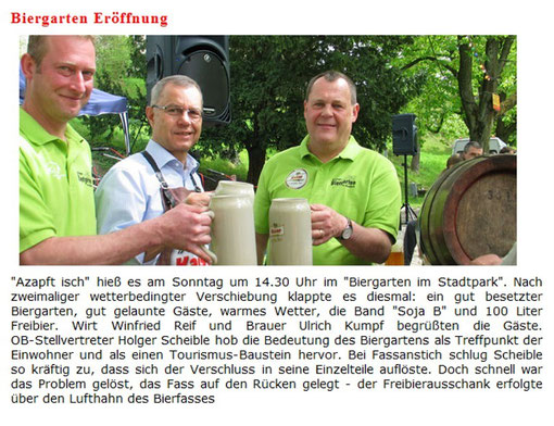 Die Kaiserbrauerei informiert über die Eröffnung des "Biergartens im Stadtpark" auf ihrer Homepage.