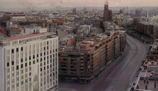 Madrid desde Torres Blancas,1974-1982,óleo sobre tabla 156x244,coleccionista privado, una de las vistas urbanas más importantes del artista manchego.La luz del atardecer marca 21.40 h