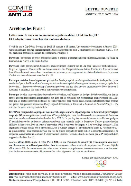02 Novembre 2010 - Lettre ouverte aux élus communaux - Arrêtons les Frais