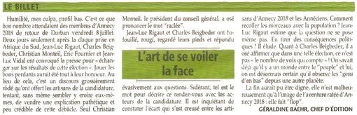 14 Juillet 2011 - L'Essor Savoyard - Le billet - Annecy 2018 - L'Art de se voiler la face