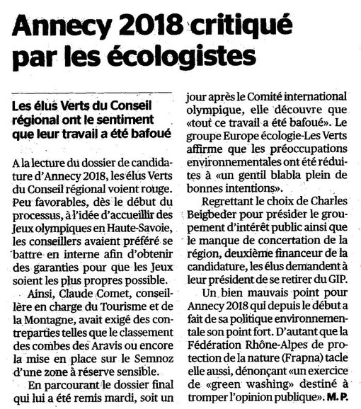 13 Janvier 2011 - La Tribune de Genève - Annecy 2018 critiqué par les écologistes