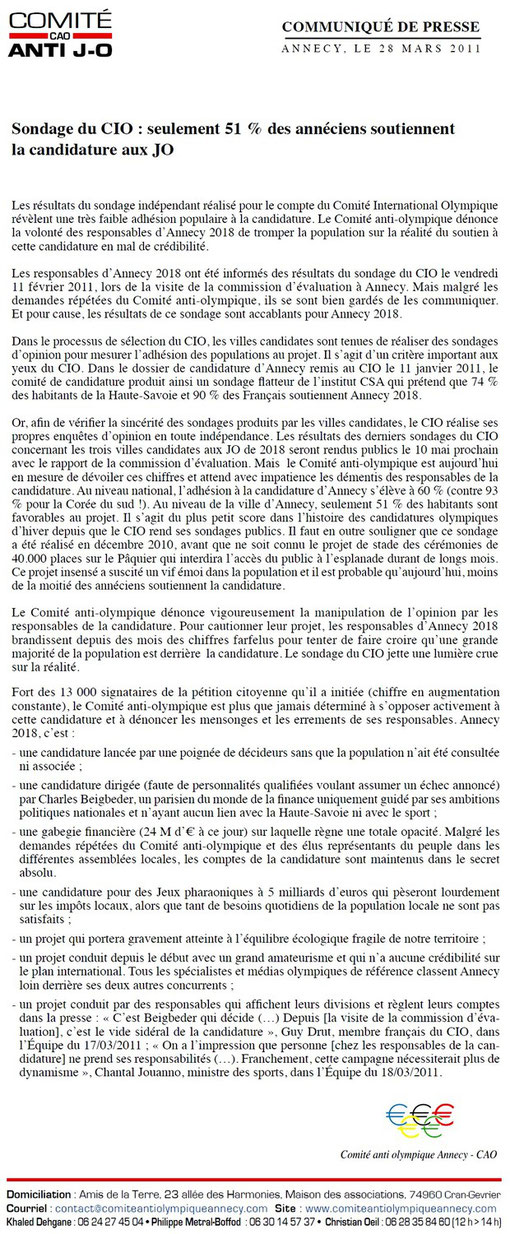 28 Mars 2011 - Communiqué de Presse Régional - Sondage du CIO - seulement 51 % des annéciens soutiennent la candidature d'Annecy 2018 aux JO