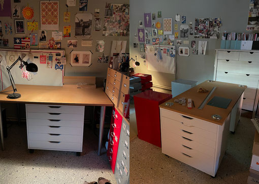 The drawer cabinets and old desk tops became the base for the new cutting table. © Griselka 2021