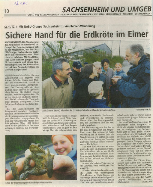 Bietigheimer Zeitung vom 18.04.2006 über Amphibienvortrag