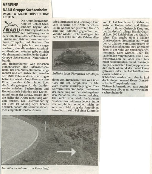 Nachrichtenblatt Nr. 8 vom 20.04.2007 über die Amphibienschutzaktion
