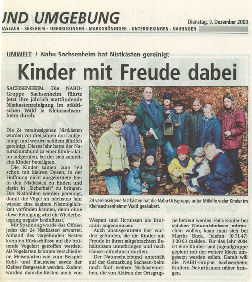 Bietigheimer Zeitung am 9. Fezember 2003 über Nistkastenreinigung mit Kinder