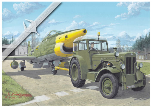 Hanomag R 455 ATK mit Kampfjet Fiat 691 R3, BW Luftwaffe, 60er Jahre, Aquarell