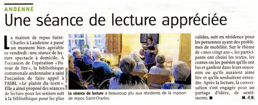 Article de Marie-France HÉRION "Une séance de lecture appréciée" En duo avec Bambina Liberatore, dans le cadre de La Fureur de lire, avec le Plaisir du Texte.