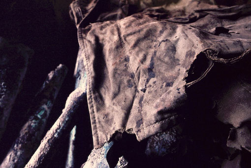 Bloodstains on a Japanese Army rucksack; at a cave-entrance memorial, Iwo Jima, Japan.