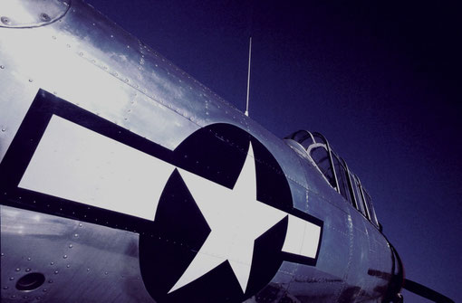 The USAAF insignia on a WW II-era AT-6 trainer, restored to its original finish.