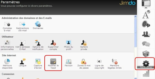 Page de paramètre dans le panel utilisateur de Jimdo