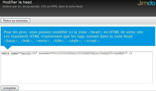 Page Jimdo pour modifier le head