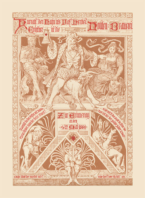 Oben in der Mitte mein zechender Urgrossvater und unten ein paar Zwerge, die den Stoff loben und preisen. Auch ich habe als Designer gerne mal einen Zwerg in eine Umweltkampagne eingebaut oder In ein Biergartenplakat
