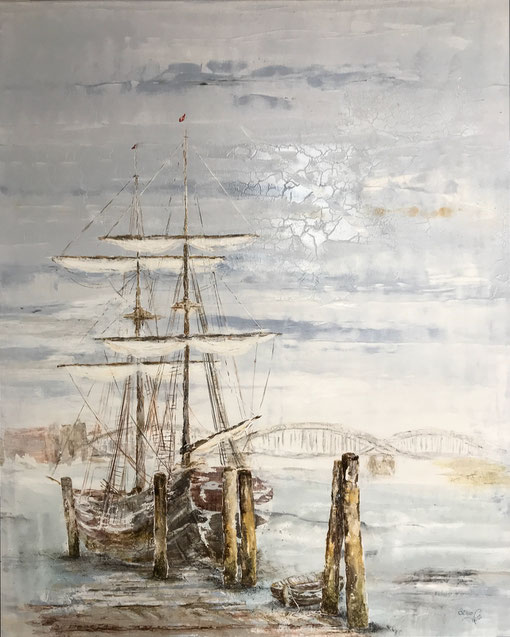 „Hamburger Norderelbbrücke um 1875“ / nach einer Skizze von Johann Theobald Riefesell / Baumaterialien-Mischtechnik auf Leinwand 100 x 120 cm