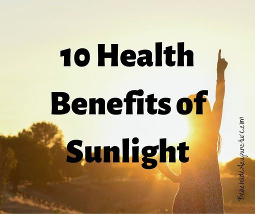 "10 Health Benefits of Sunshine" over girl's silhouette against a sunrise