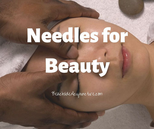 "Needles for Beauty" over a woman receiving a facial massage