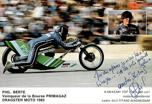 Sur son dragster Kawasaki, Phil Berté est plus rapide qu'en slot racing.
