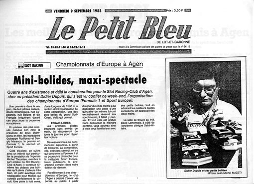 Didier Dupuis dans la presse régionale pour les championnats d'Europe slot racing 1/32 en 1988 à Agen