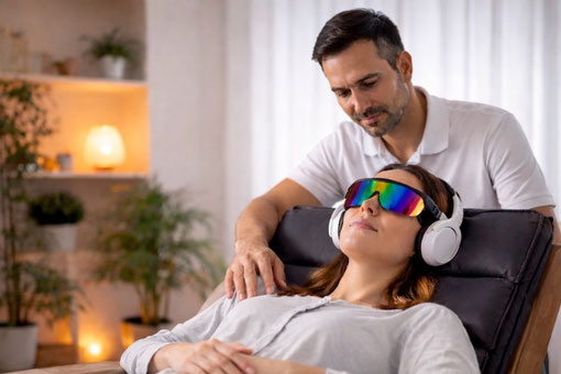 Séance de relaxation avec lunettes de luminothérapie PSIO dans un espace bien-être
