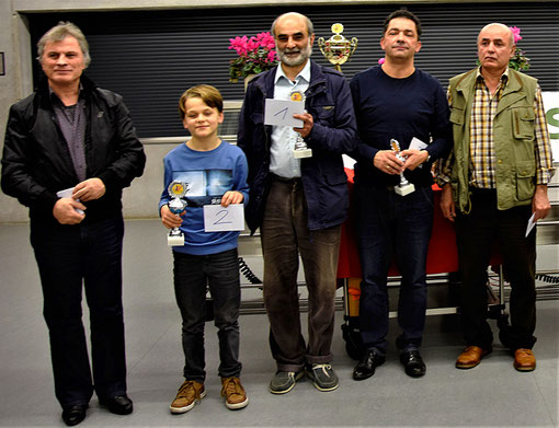 Rheinfelden, 11. 11. 2017, von links: FM Mahmut Xheladini (5. Rang), Leopold Wagner (2. Rang), IM Ali Habibi (Sieger), Michele Di Stefano (3. Rang), FM Nikolj Melkumjanc (4. Rang)