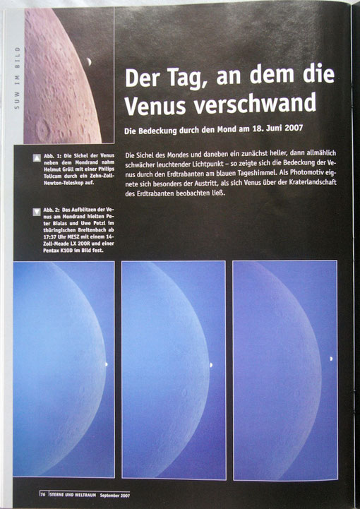 Fotos des Venustransit im Juni 2007 von Peter Bialas und Uwe Petzl in Sterne und Weltraum 9/2007