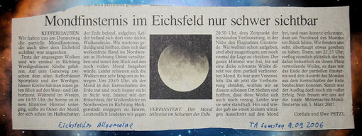 Artikel von Cordula und Uwe Petzl in der Thüringer Allgemeine zur Mondfinsternis am 07.09.2006