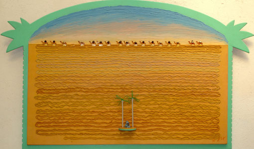 désert, oasis, chameau, dromadaire, Afrique, chaleur, Sahara, troupeau, traversée, peinture, tableau, art contemporain, Lesenfans