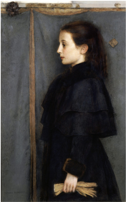フェルナン・クノップフ《ジャンヌ・ド・バウアーの肖像》1890年。画像は1000museumsより。
