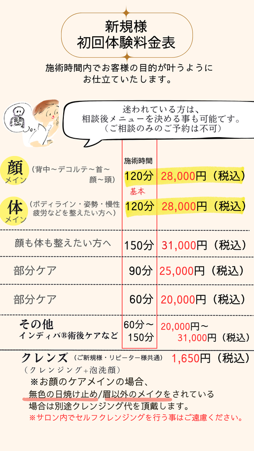身体から小顔術（背中～デコルテ～首～顔～頭）身体から小顔術パーフェクト（顔も身体も整えたい方へ）インディバ® 術後ケア　骨ディバボディメイク　メニューに迷われている方は、 相談後メニューを決める事も可能です （ご相談のみのご予約は不可）（クレンジング+泡洗顔） 　※お顔のケアメインの場合、 　無色の日焼け止め/眉以外のメイクをされている 　場合は別途クレンジング代を頂戴します。 ※サロン内でセルフクレンジングを行う事はご遠慮ください。