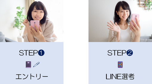 STEP➊　📓🖊　エントリー　　STEP❷　📱　LINE選考