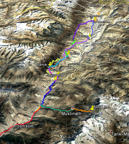 Gesamte Trekking Übersicht - von Jomsom nach Lo-Manthang, zurück über Muktinath auf den Thorong-La und wieder nach Jomsom