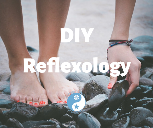 "DIY Reflexology" and Beachside logo over woman stepping on rocks at the beach