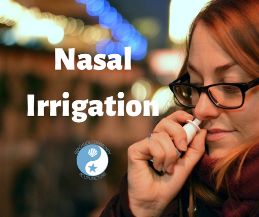 "Nasal Irrigation on the Beachside blog" over woman using a nasal spray