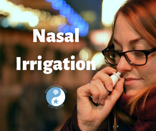 "Nasal Irrigation on the Beachside blog"  over woman using a nasal spray