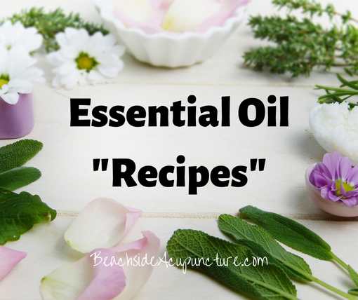 "Essential Oil 'Recipes'" and "BeachsideAcupuncture.com" over a counter topped with plants and flowers