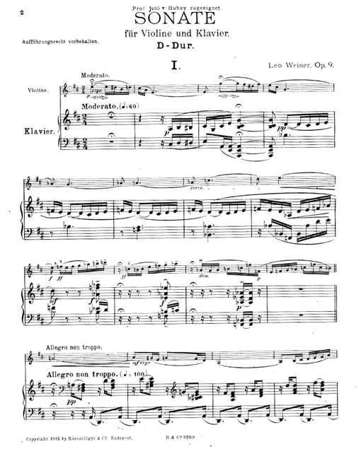 Beginning of Weiner's Sonata for Violin and Piano in D major, Op. 9 (1911)