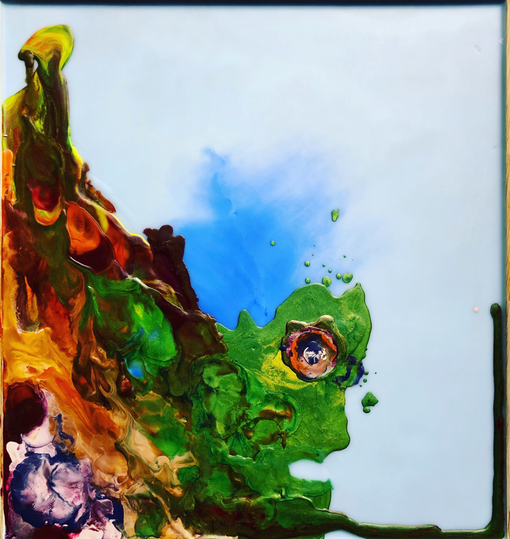 The dissolving of the Greens, encaustic on wood plate, 42 x39 cm, 2022/31